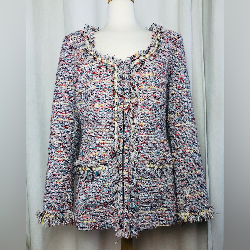 Boston Proper Tweed Jacket Blazer 14 Fringe Trim Multicolor Open Front Career